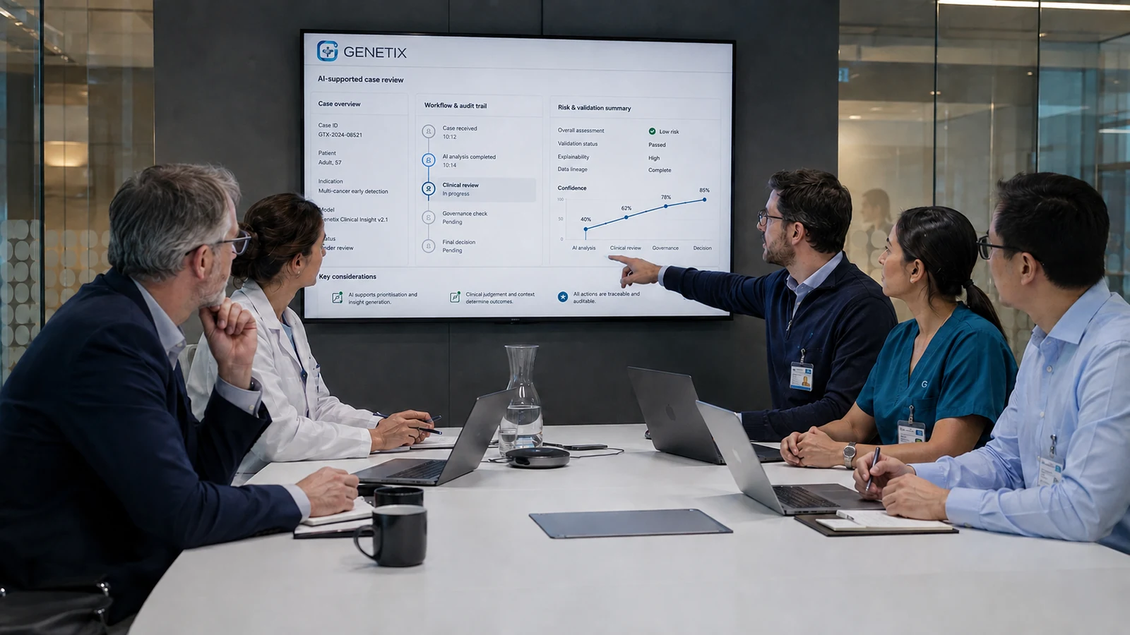 Multidisciplinary healthcare team reviewing an AI-supported case with human oversight and governance controls.