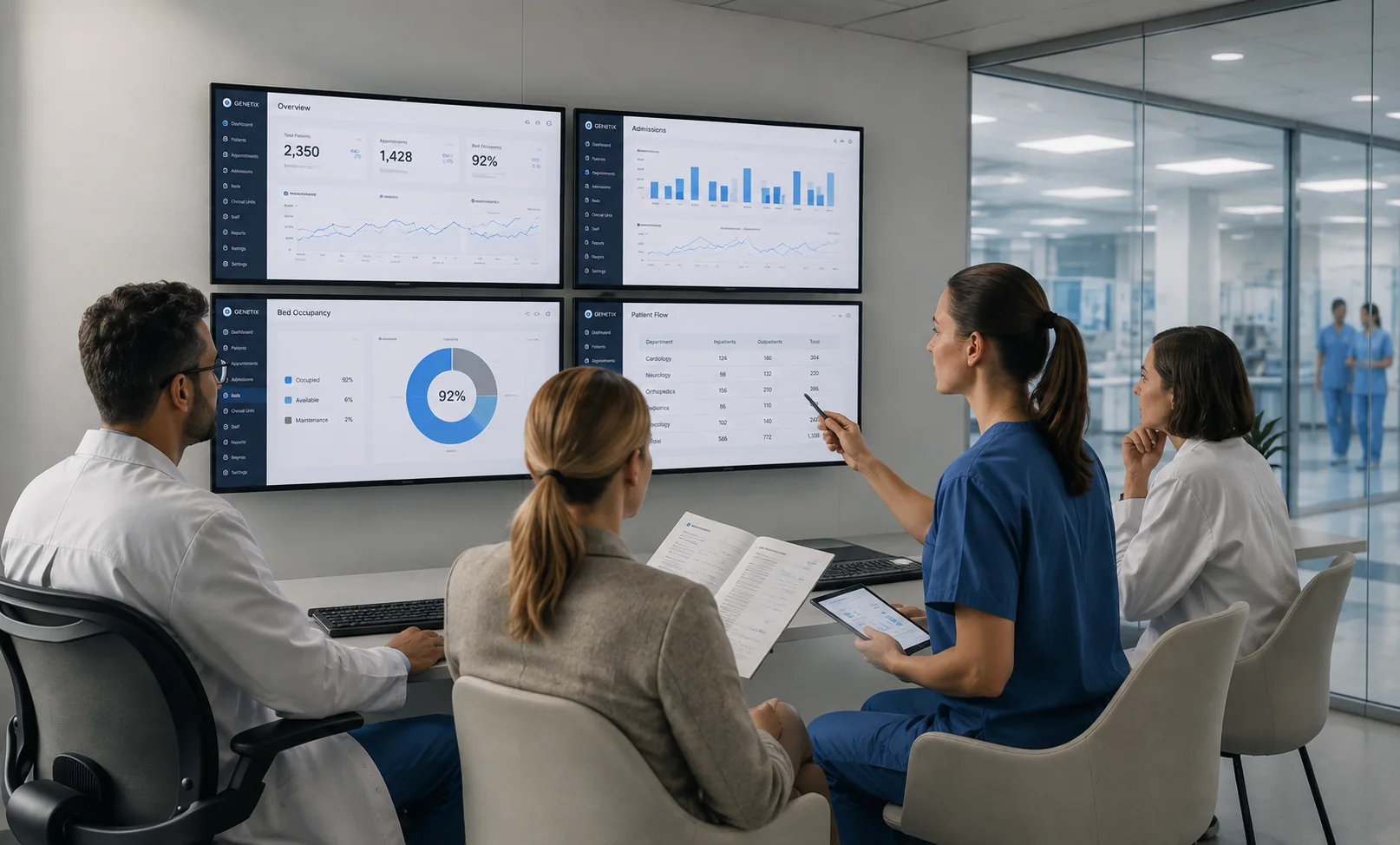 Hospital team reviewing operational dashboards for admissions, bed occupancy and patient flow.