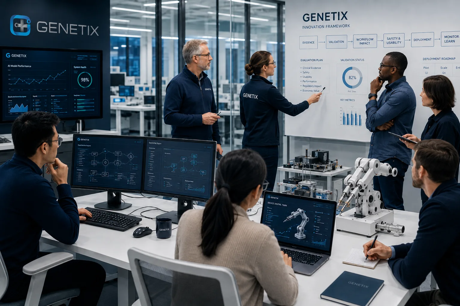 Genetix research and innovation team evaluating medical robotics and AI systems in a development environment.