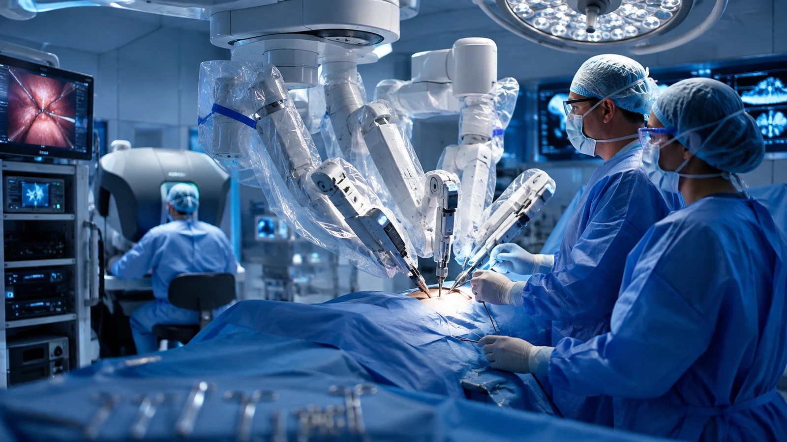 Clinical team performing robotic-assisted surgery with precision medical robotic arms.